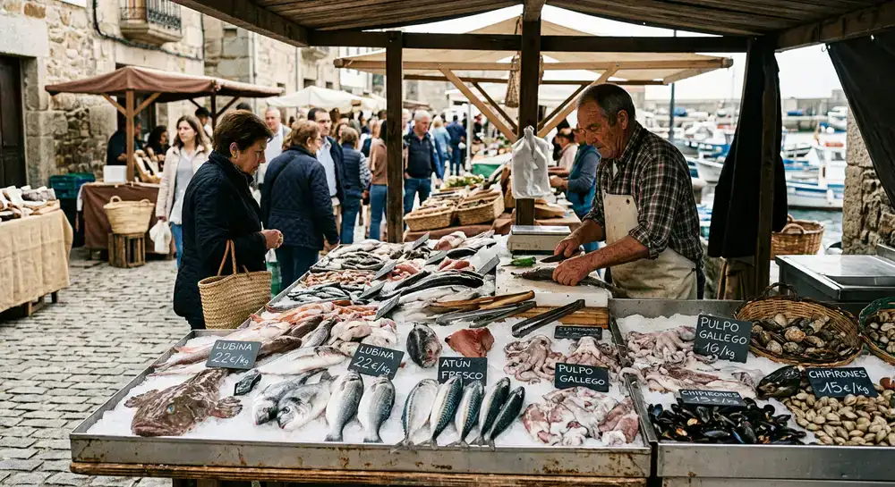 Vista del mercado rústico y la selección de pescados diarios