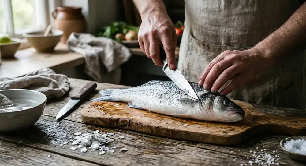 Preparación y limpieza del pescado fresco sobre madera natural