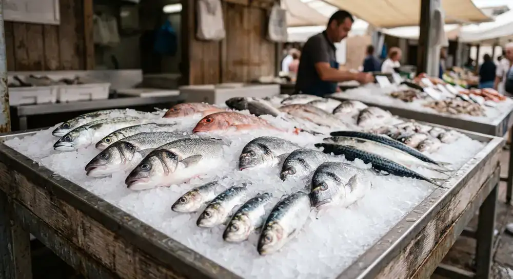 Pescado fresco exhibido sobre camas de hielo