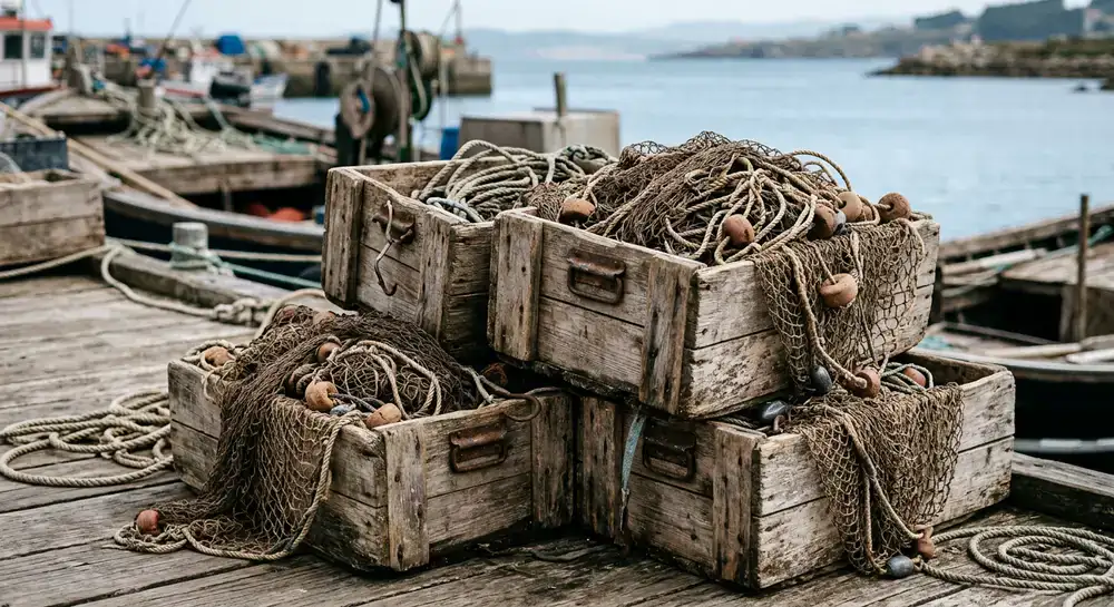 Detalle de cajas de madera rústica y redes de pesca