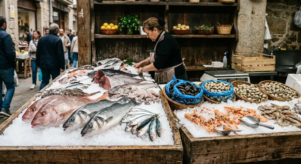 Mostrador rústico de mercado de mariscos con pescado sobre hielo