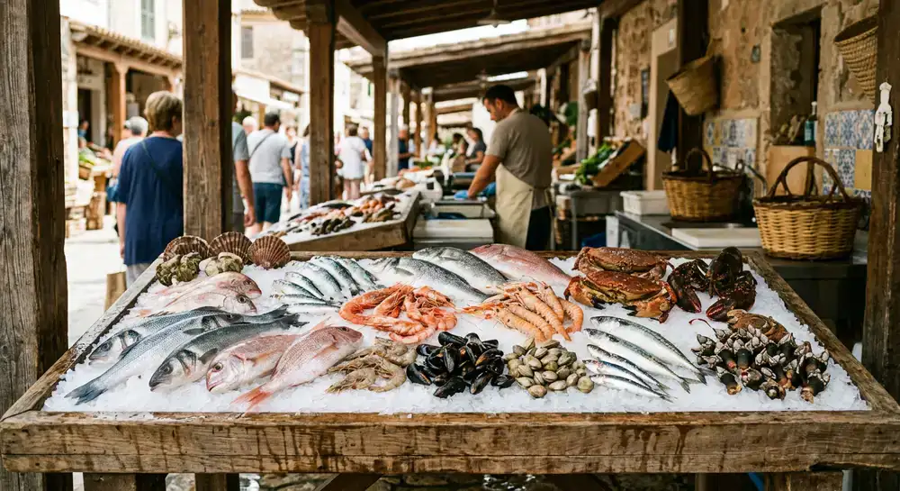 Exhibición de pescados y mariscos frescos sobre hielo picado en un mercado rústico