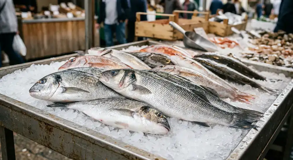 Primer plano de pescados enteros brillando sobre una cama de hielo en el mercado