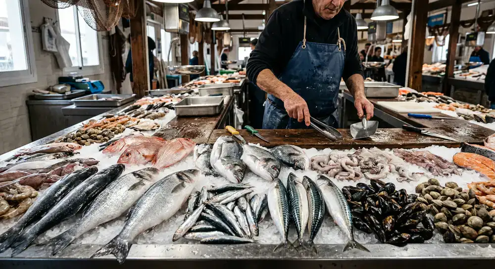 Mostrador rebosante de pescados frescos sobre cama de hielo