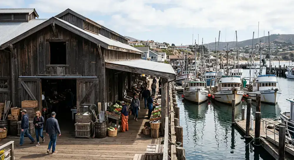 Exterior del mercado Harbor Fresh Market con vista a los botes pesqueros