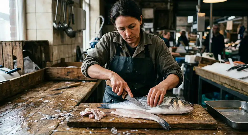 Especialista preparando pescado