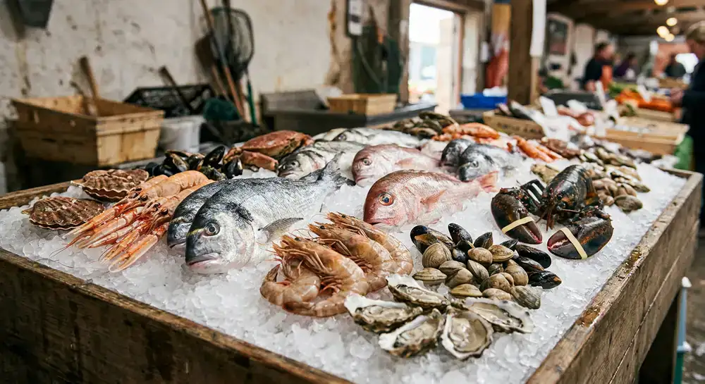 Selección de mariscos frescos sobre hielo