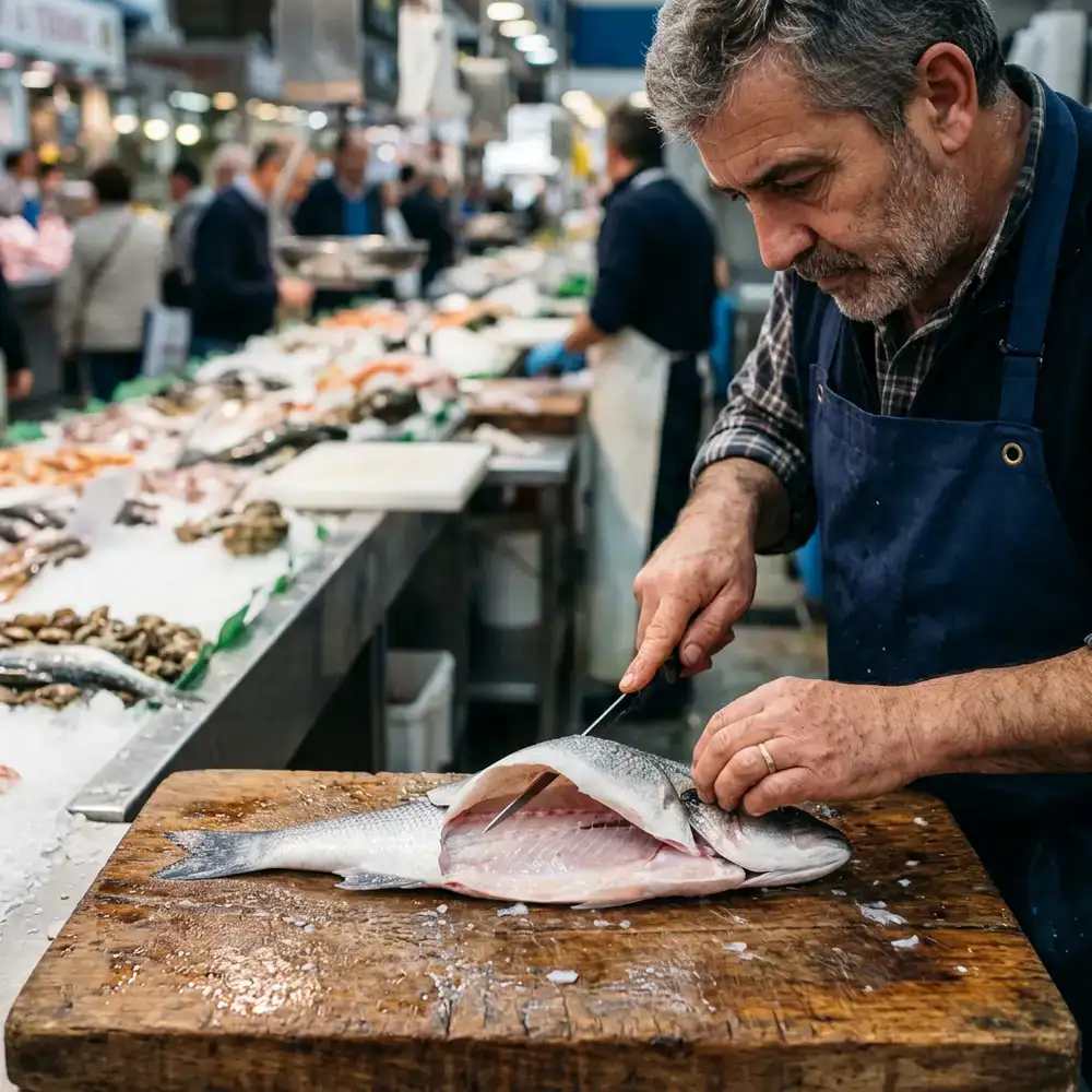 Pescadero experto cortando un filete de pescado fresco sobre una tabla de madera rústica